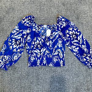 Women's Blue Floral Cropped Blouse L